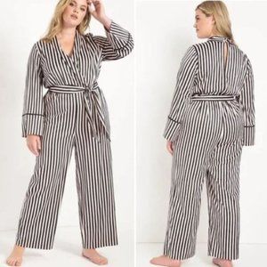 ELOQUII Piping Trim Satin Black/Blush Pink Stripe Lounge Jumpsuit Size 18